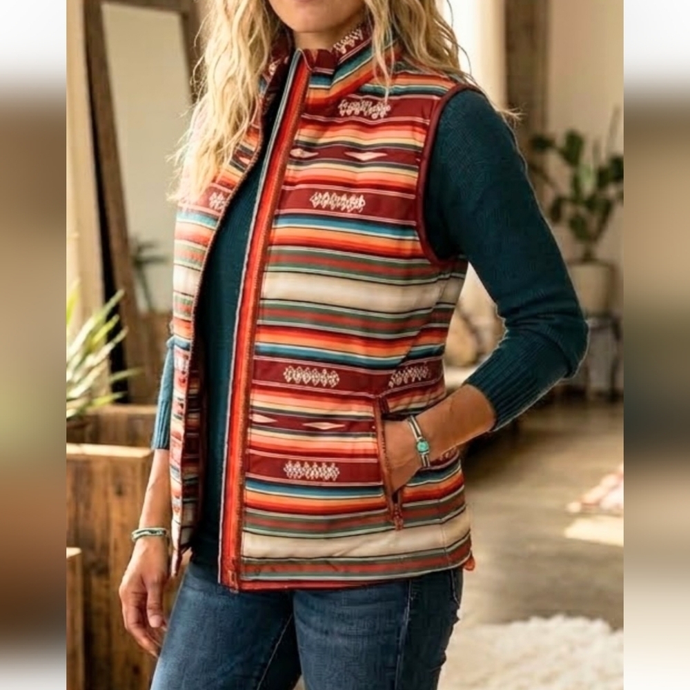 Striped Southwestern Quilted Vest - Red Multi